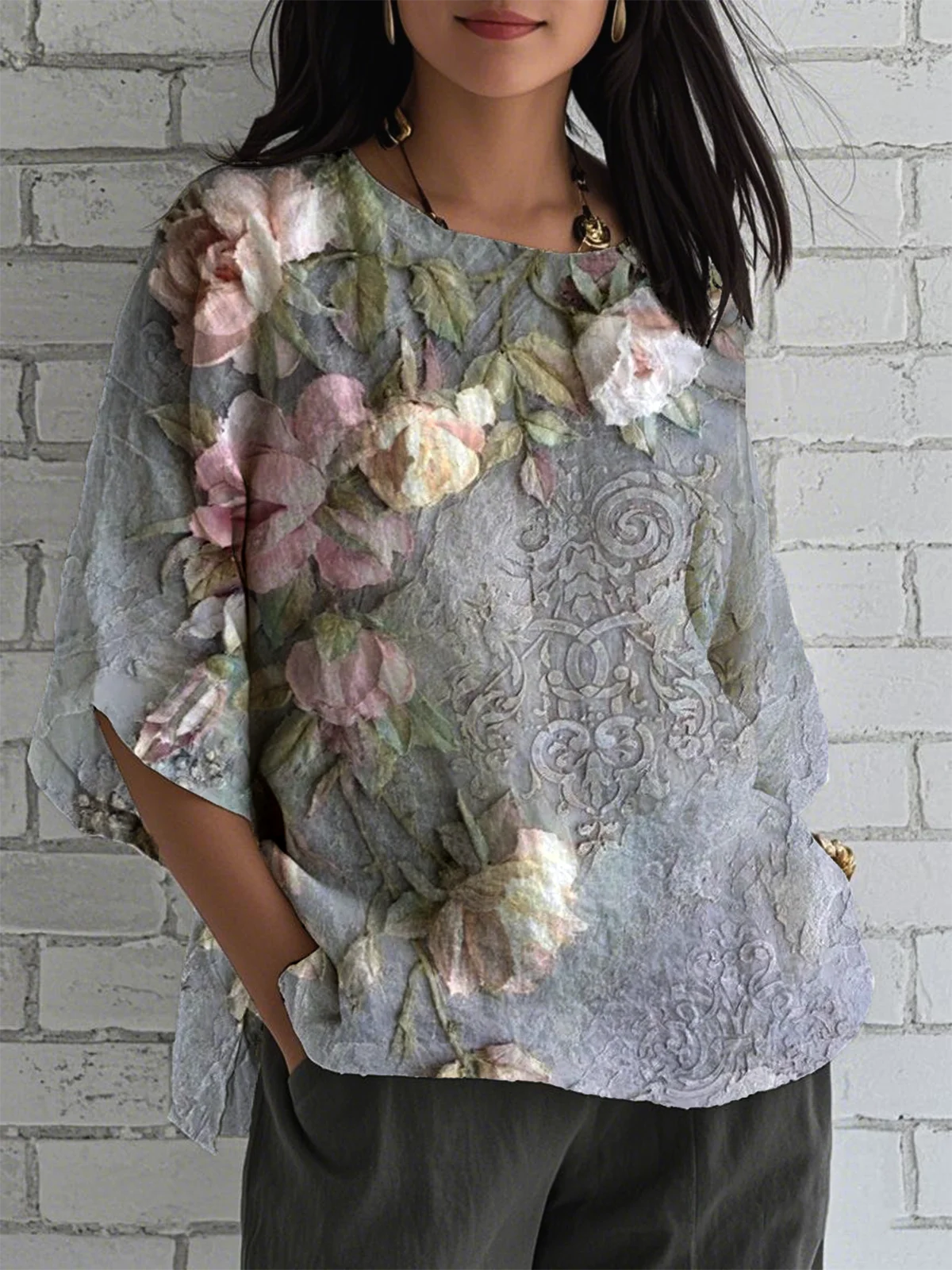 Vintage 3D Printing Crew Neck Half Sleeve T-shirt