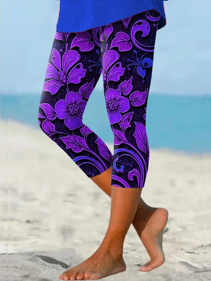 Women Floral Capris Elastic Waist Pants Casual Summer Trousers