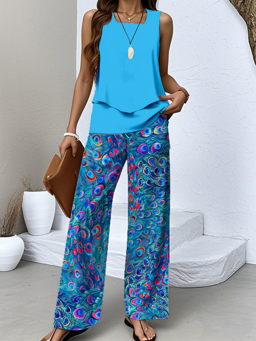 Women Psychedelic Art Two-Piece Set Daily Sleeveless Casual Summer Top With Pants Matching Set