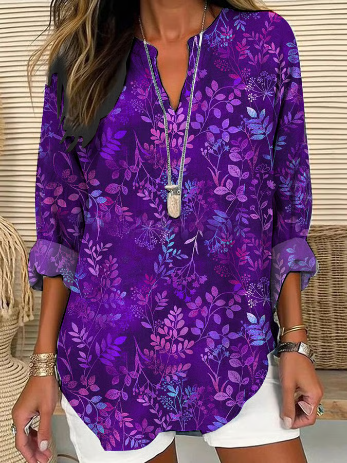 V Neck Long Sleeve Floral Printing Regular Loose Blouse For Women