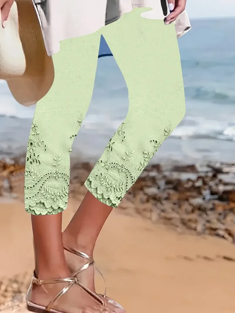 Women Floral Capris Elastic Waist Pants Casual Summer Trousers
