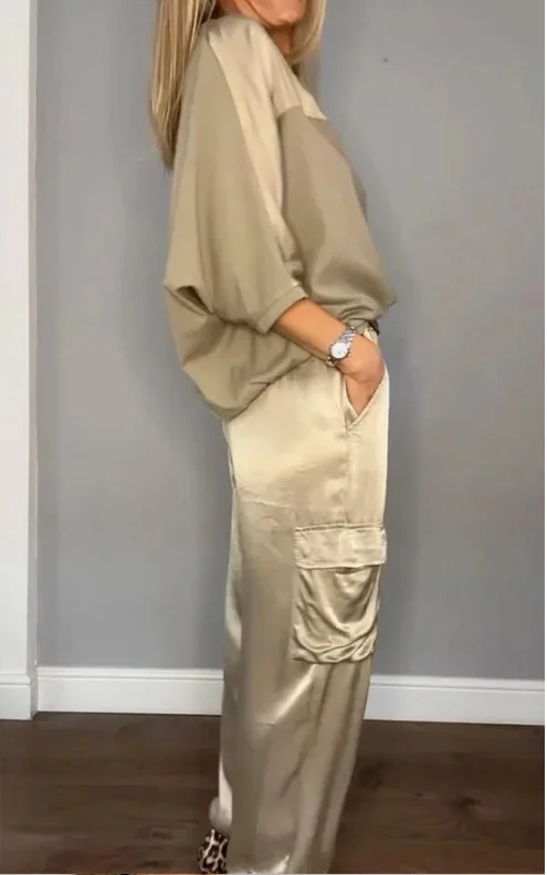 Women Plain Pocket Stitching Two-Piece Set Daily Half Sleeve Casual Summer Top With Pants Matching Set