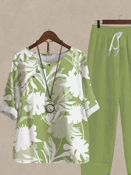 Women Floral Printing Two-Piece Set Daily Half Sleeve Casual Summer Top With Pants Matching Set