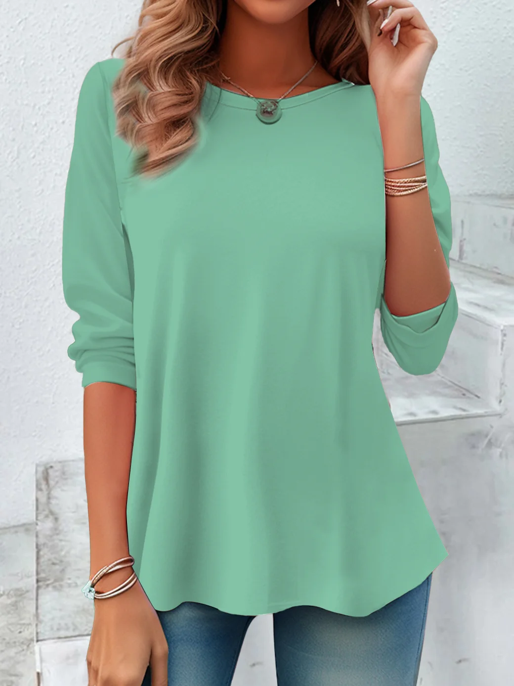 Casual Plain Crew Neck Long Sleeve T-shirt