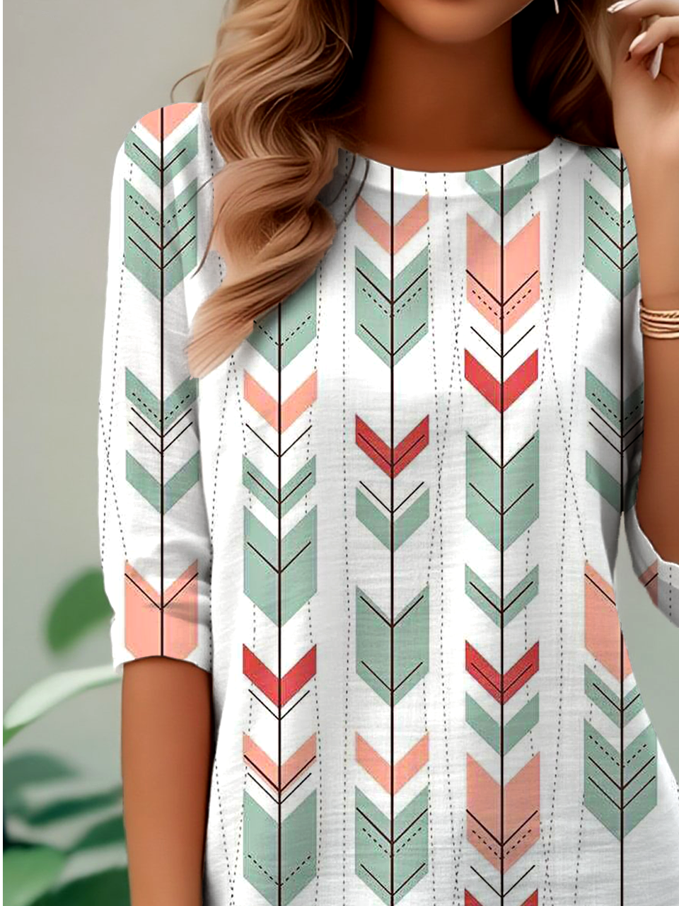 Casual Ethnic Geometry Crew Neck Long Sleeve T-shirt