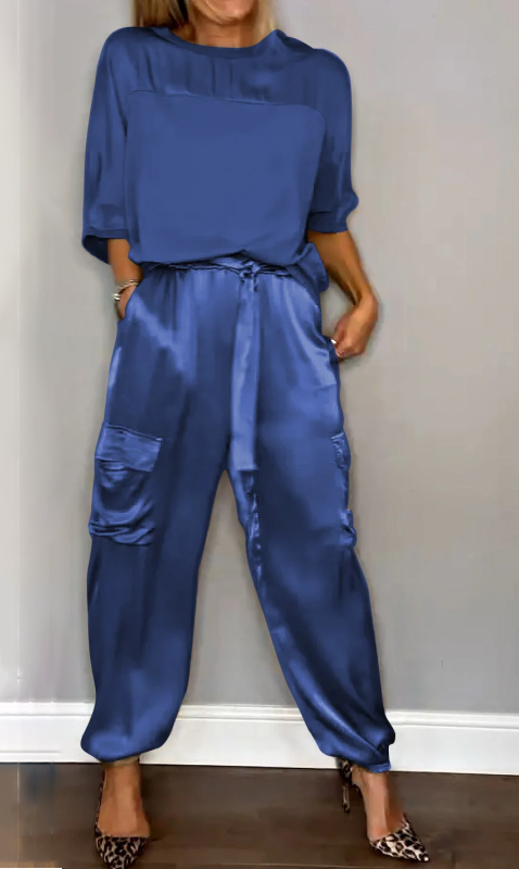 Women Plain Pocket Stitching Two-Piece Set Daily Half Sleeve Casual Summer Top With Pants Matching Set