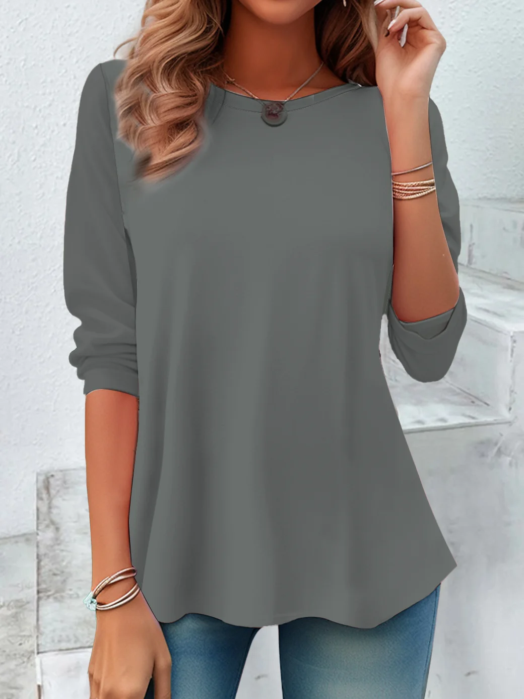 Casual Plain Crew Neck Long Sleeve T-shirt