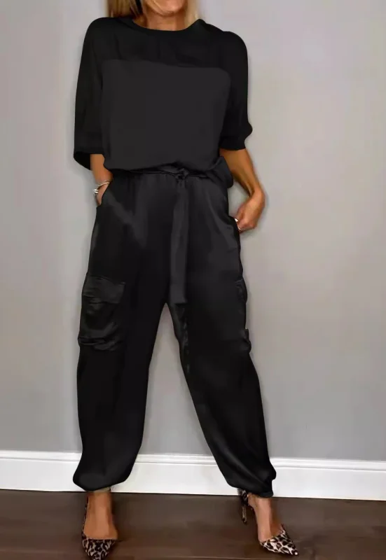 Women Plain Pocket Stitching Two-Piece Set Daily Half Sleeve Casual Summer Top With Pants Matching Set