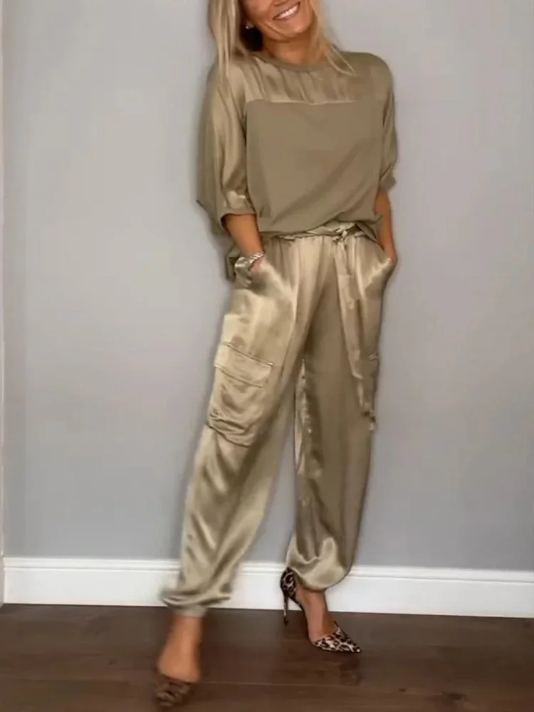 Women Plain Pocket Stitching Two-Piece Set Daily Half Sleeve Casual Summer Top With Pants Matching Set