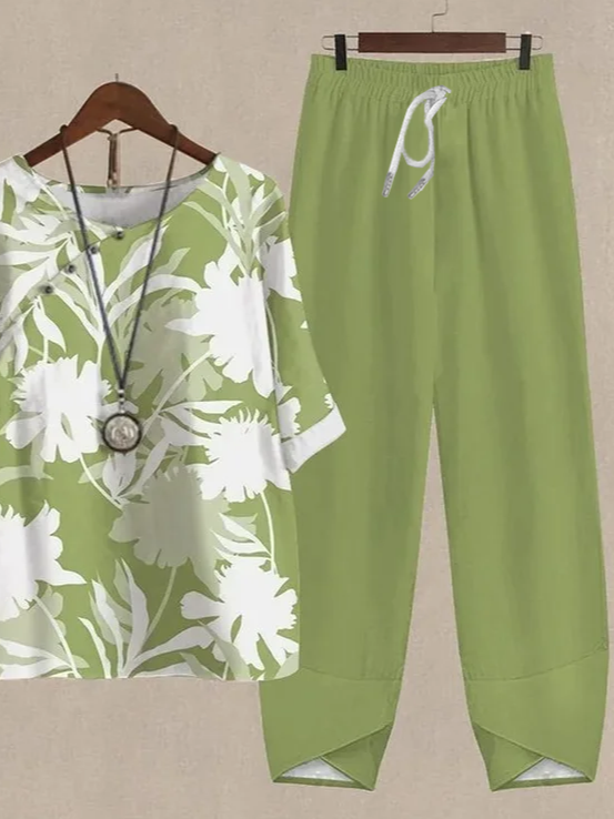 Women Floral Printing Two-Piece Set Daily Half Sleeve Casual Summer Top With Pants Matching Set