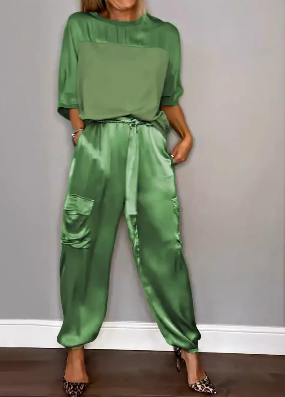 Women Plain Pocket Stitching Two-Piece Set Daily Half Sleeve Casual Summer Top With Pants Matching Set