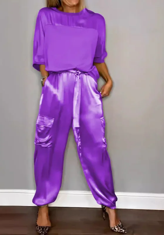 Women Plain Pocket Stitching Two-Piece Set Daily Half Sleeve Casual Summer Top With Pants Matching Set