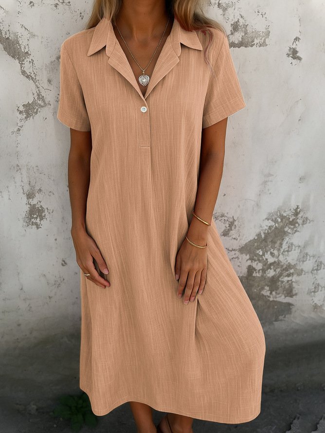 Women Plain Shirt Collar Short Sleeve Comfy Casual Maxi Dress