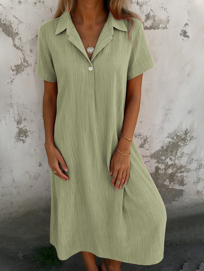 Women Plain Shirt Collar Short Sleeve Comfy Casual Maxi Dress