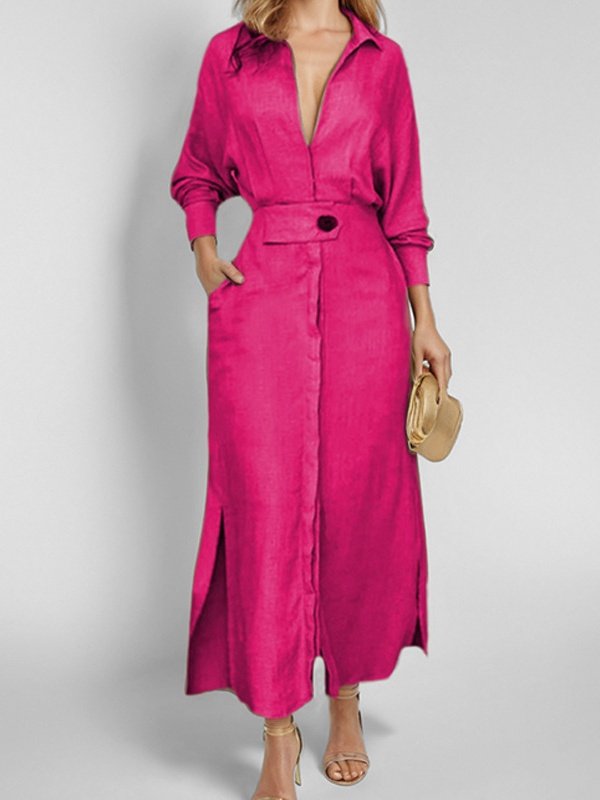 Women Plain Spring/Fall Split Joint Dress V Neck Long Sleeve Tank A-Line Dress