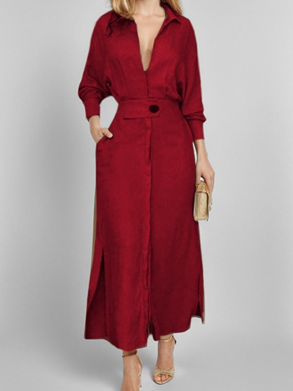 Women Plain Spring/Fall Split Joint Dress V Neck Long Sleeve Tank A-Line Dress