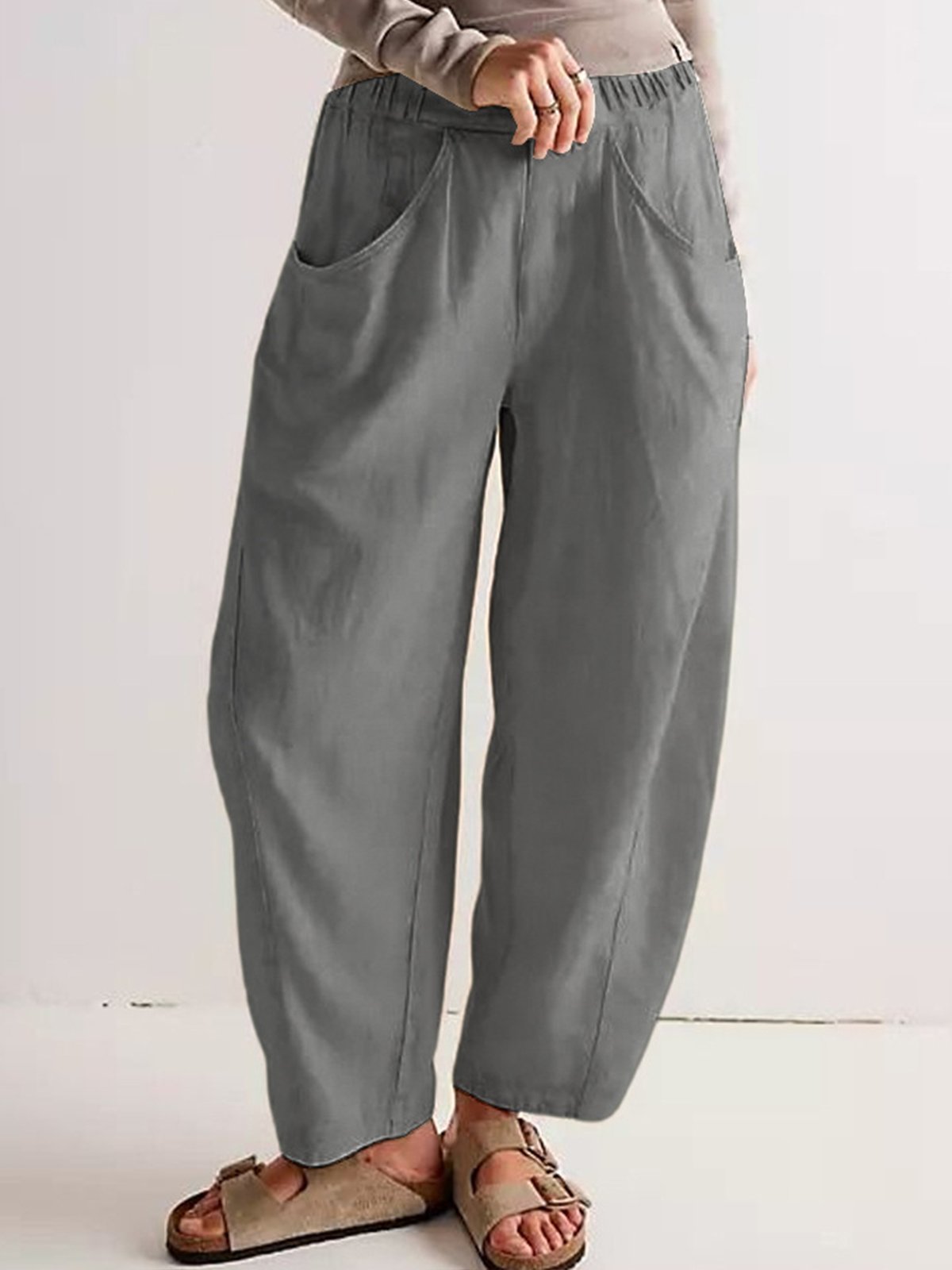 Women Plain Long Elastic Waist Pants Casual Spring/Fall Trousers