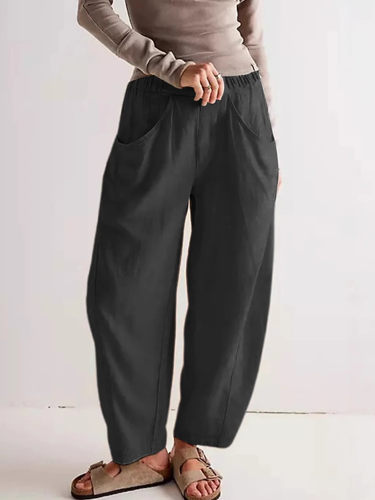 Women Plain Long Elastic Waist Pants Casual Spring/Fall Trousers