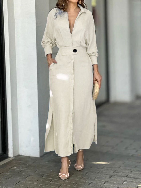 Women Plain Spring/Fall Split Joint Dress V Neck Long Sleeve Tank A-Line Dress