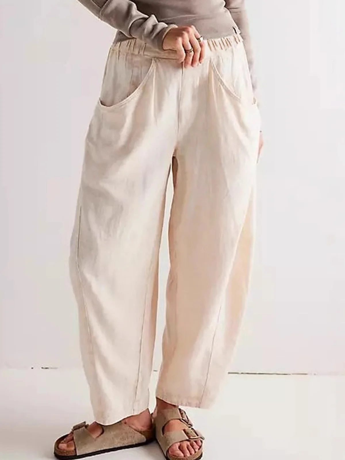 Women Plain Long Elastic Waist Pants Casual Spring/Fall Trousers