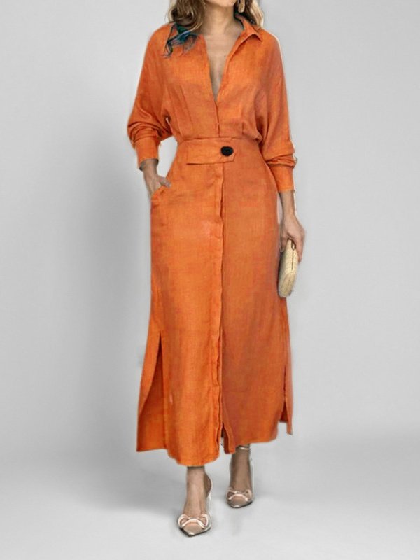 Women Plain Spring/Fall Split Joint Dress V Neck Long Sleeve Tank A-Line Dress