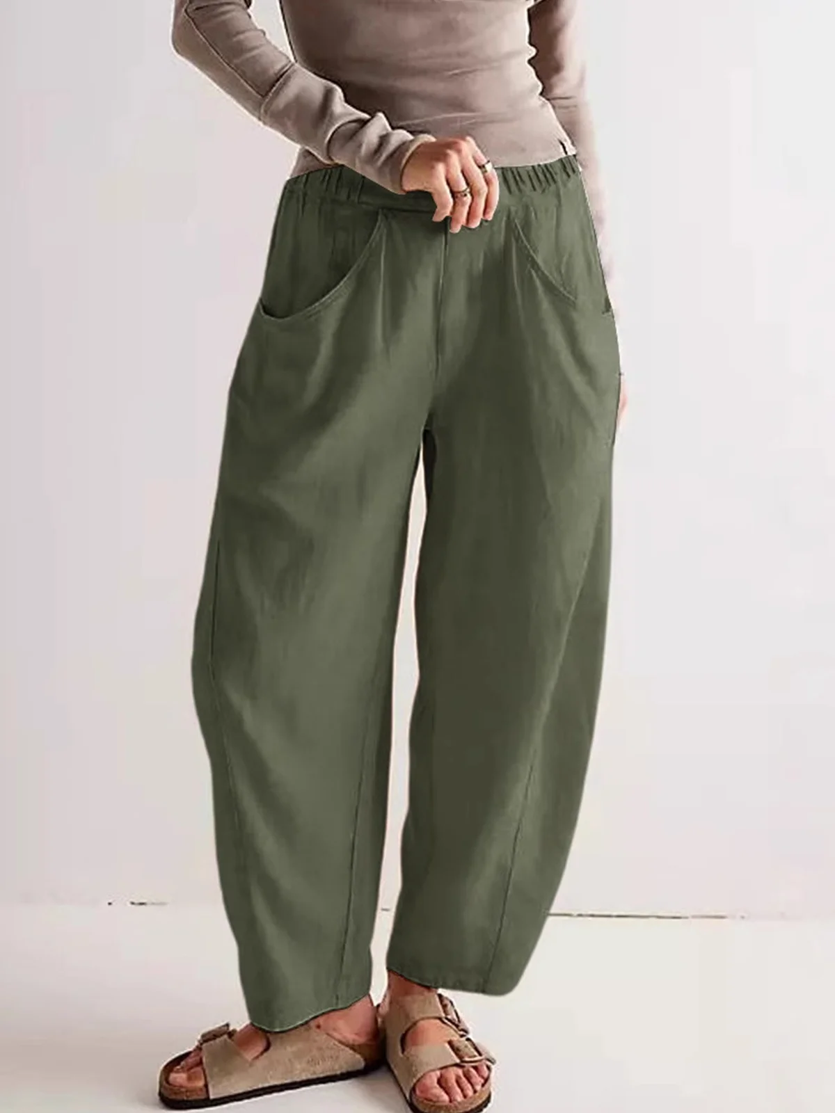 Women Plain Long Elastic Waist Pants Casual Spring/Fall Trousers
