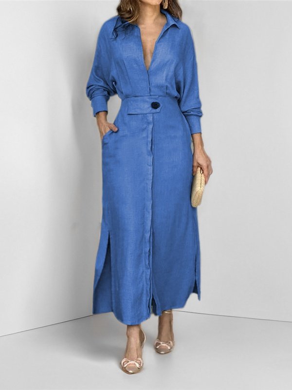 Women Plain Spring/Fall Split Joint Dress V Neck Long Sleeve Tank A-Line Dress