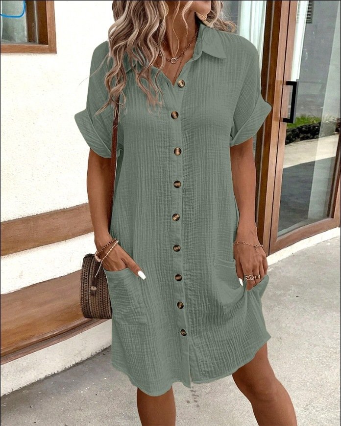Women Plain All Season Dress Shawl Collar Short Sleeve Shirt Dress H-Line Dress