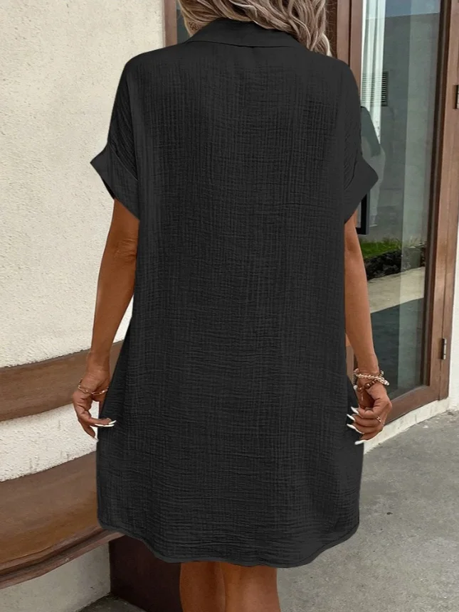 Women Plain All Season Dress Shawl Collar Short Sleeve Shirt Dress H-Line Dress