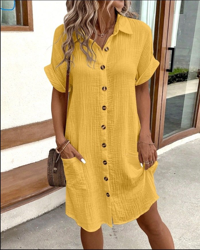 Women Plain All Season Dress Shawl Collar Short Sleeve Shirt Dress H-Line Dress