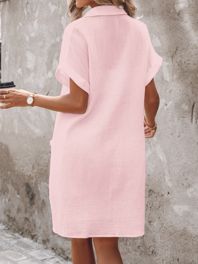 Women Plain All Season Dress Shawl Collar Short Sleeve Shirt Dress H-Line Dress