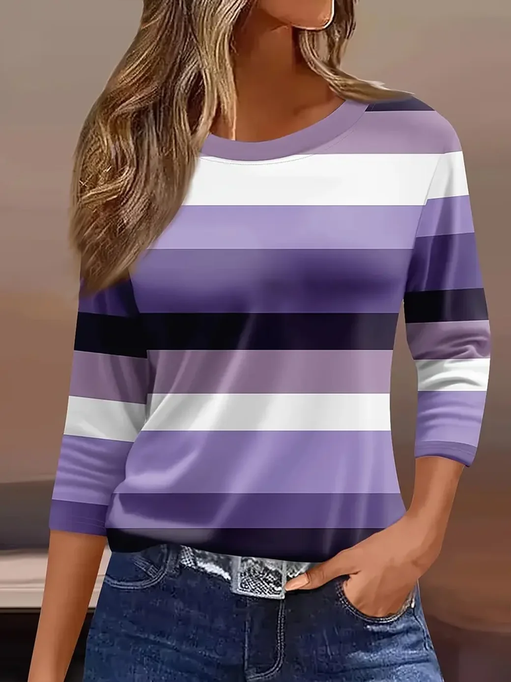 Casual Striped Crew Neck Three Quarter Sleeve T-shirt