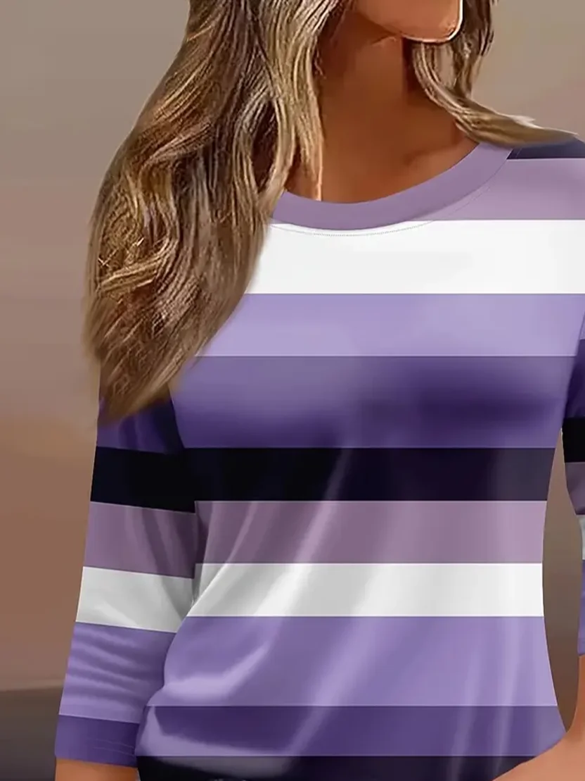 Casual Striped Crew Neck Three Quarter Sleeve T-shirt