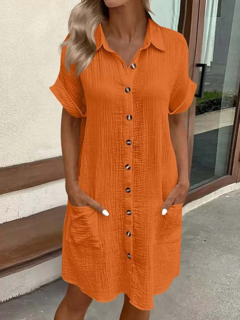 Women Plain All Season Dress Shawl Collar Short Sleeve Shirt Dress H-Line Dress