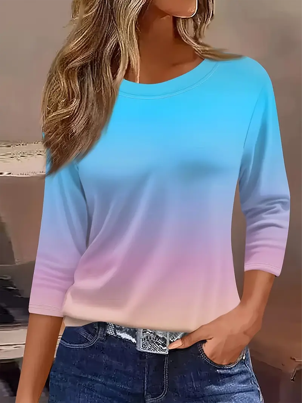 Casual Ombre Crew Neck Three Quarter Sleeve T-shirt