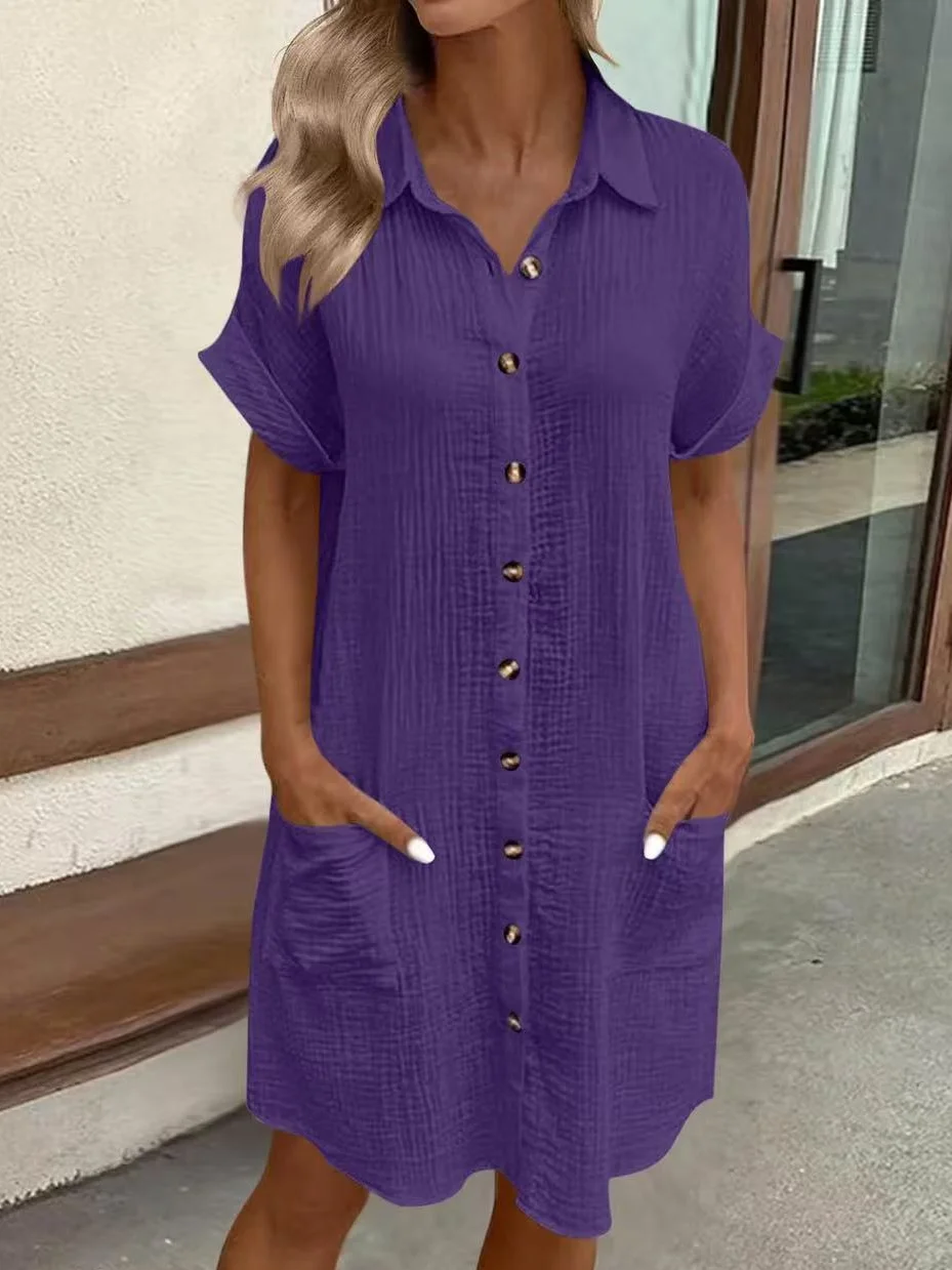 Women Plain All Season Dress Shawl Collar Short Sleeve Shirt Dress H-Line Dress