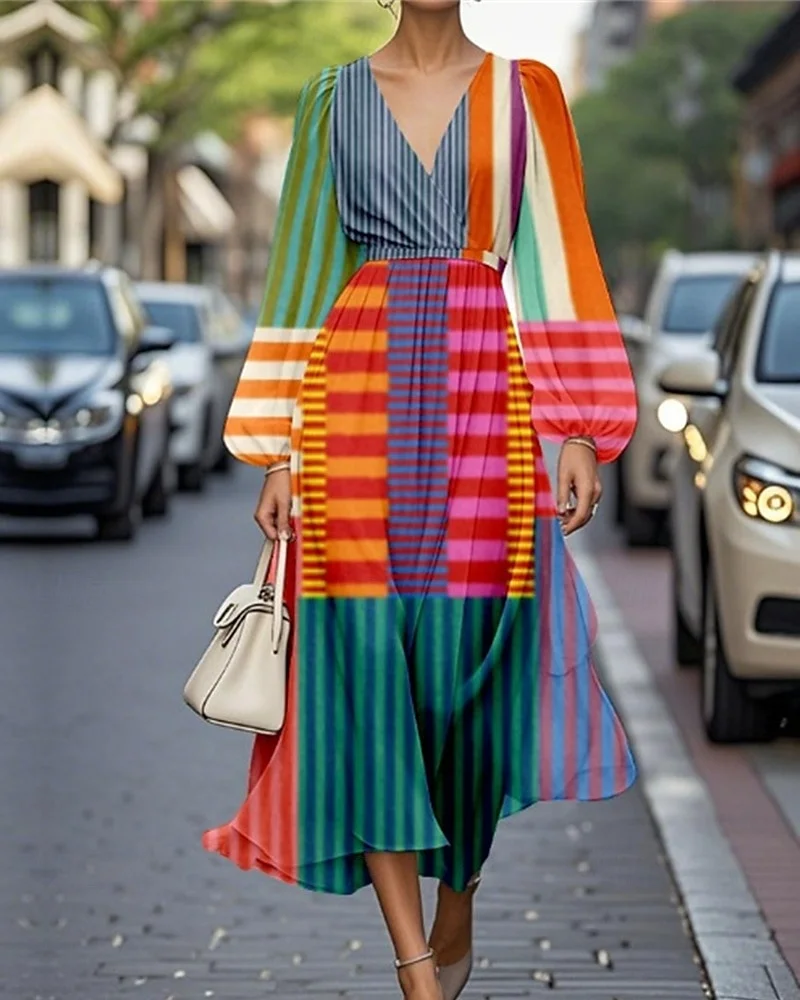 Women Striped Puff Sleeve Spring/Fall Dress V Neck Long Sleeve A-Line Dress