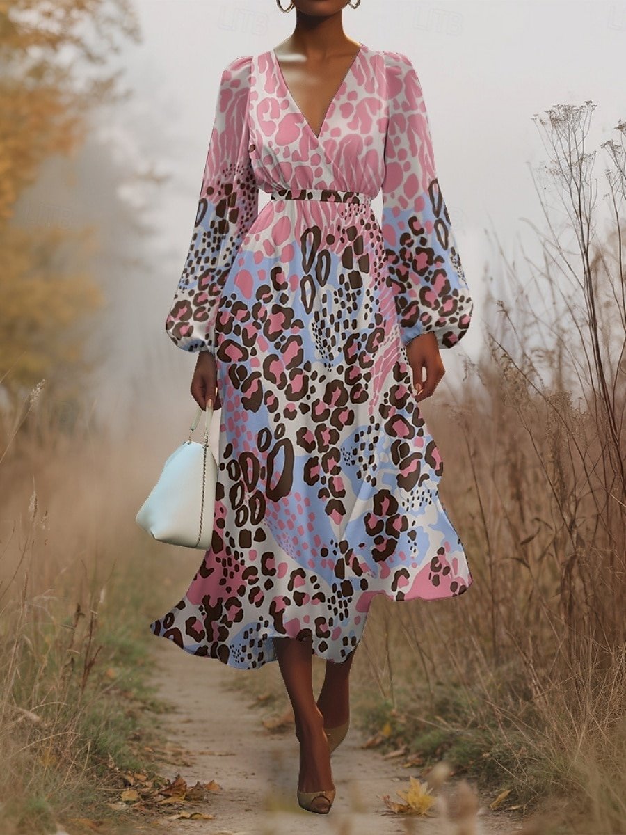 Women Floral Puff Sleeve Spring/Fall Dress V Neck Long Sleeve A-Line Dress