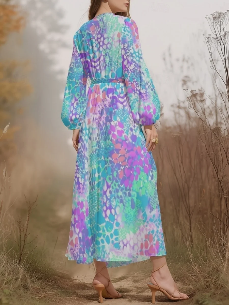 Women Floral Puff Sleeve Spring/Fall Dress V Neck Long Sleeve A-Line Dress