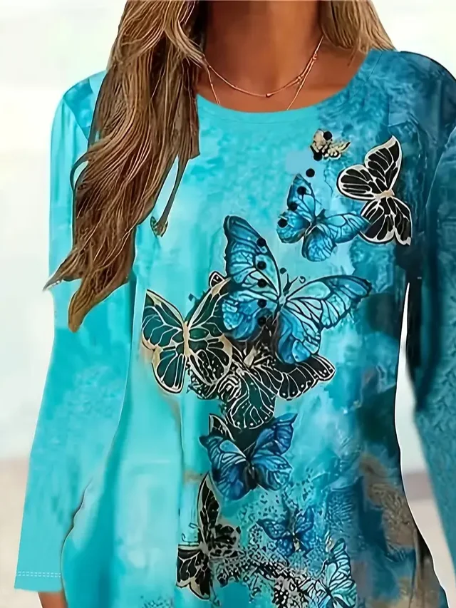Casual Butterfly Crew Neck Long Sleeve T-shirt