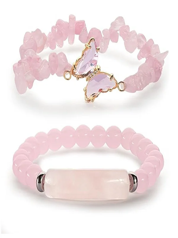New Natural Stone 8mm Amethyst Rose Quartz Crushed Stone Butterfly Two-piece Bracelet