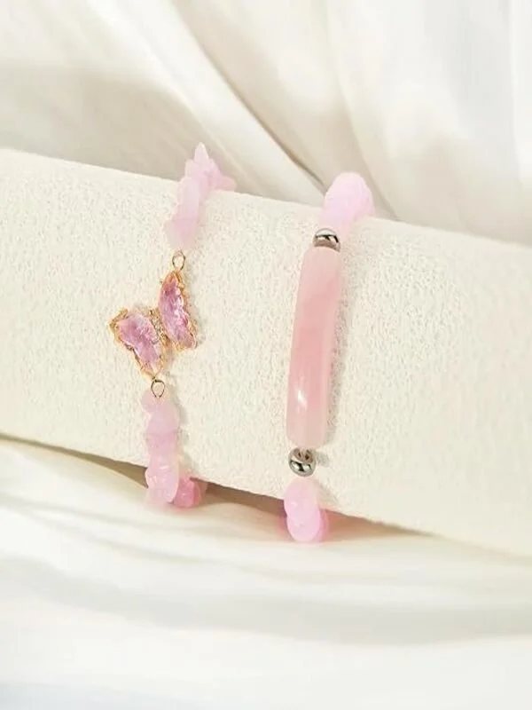 New Natural Stone 8mm Amethyst Rose Quartz Crushed Stone Butterfly Two-piece Bracelet