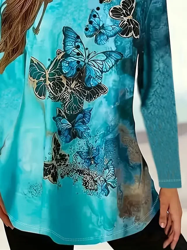 Casual Butterfly Crew Neck Long Sleeve T-shirt