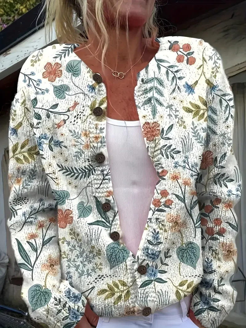 Women Knitted 3D Printing Long Sleeve Comfy Vintage Cardigan