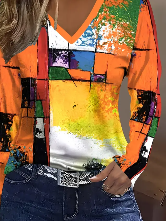 Casual Abstract V Neck Long Sleeve T-shirt