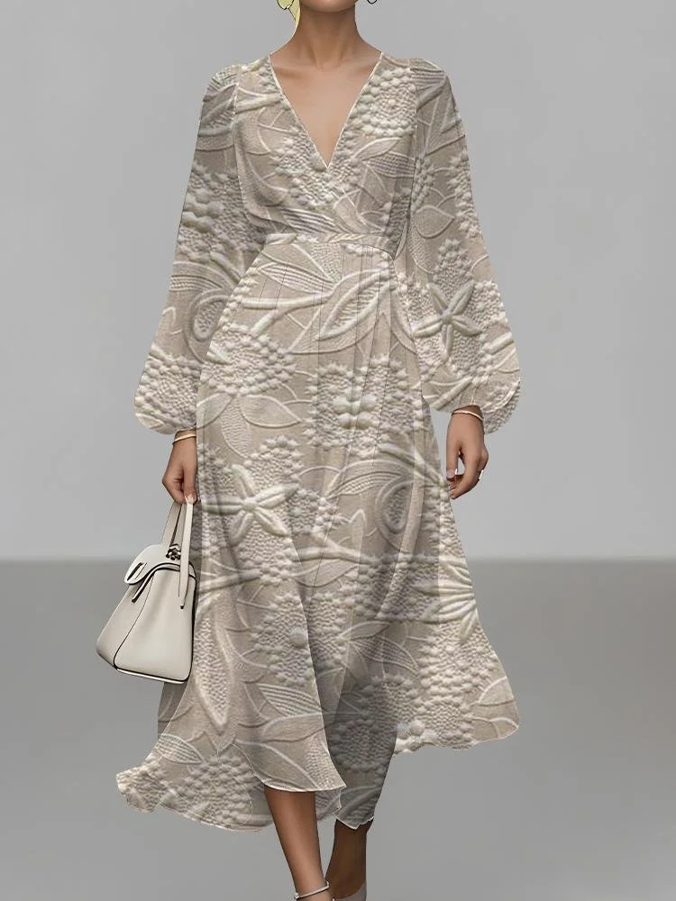 Women Floral Puff Sleeve Spring/Fall Dress V Neck Long Sleeve A-Line Dress