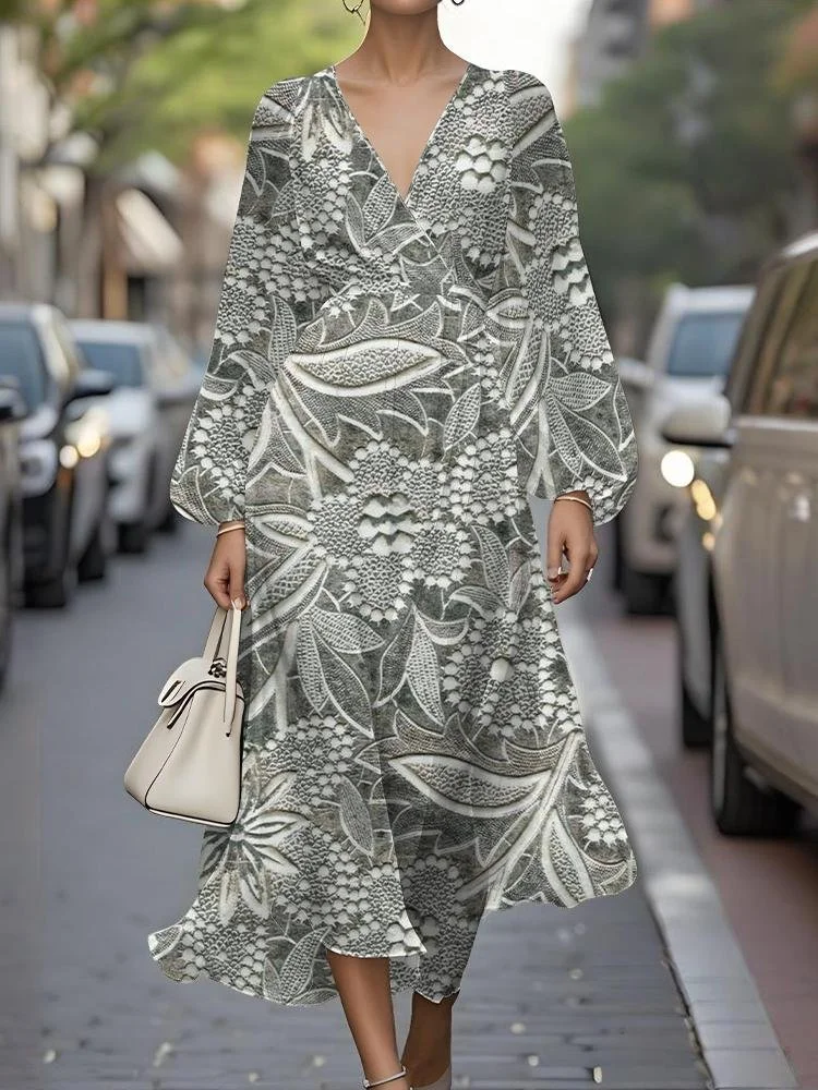 Women Floral Puff Sleeve Spring/Fall Dress V Neck Long Sleeve A-Line Dress