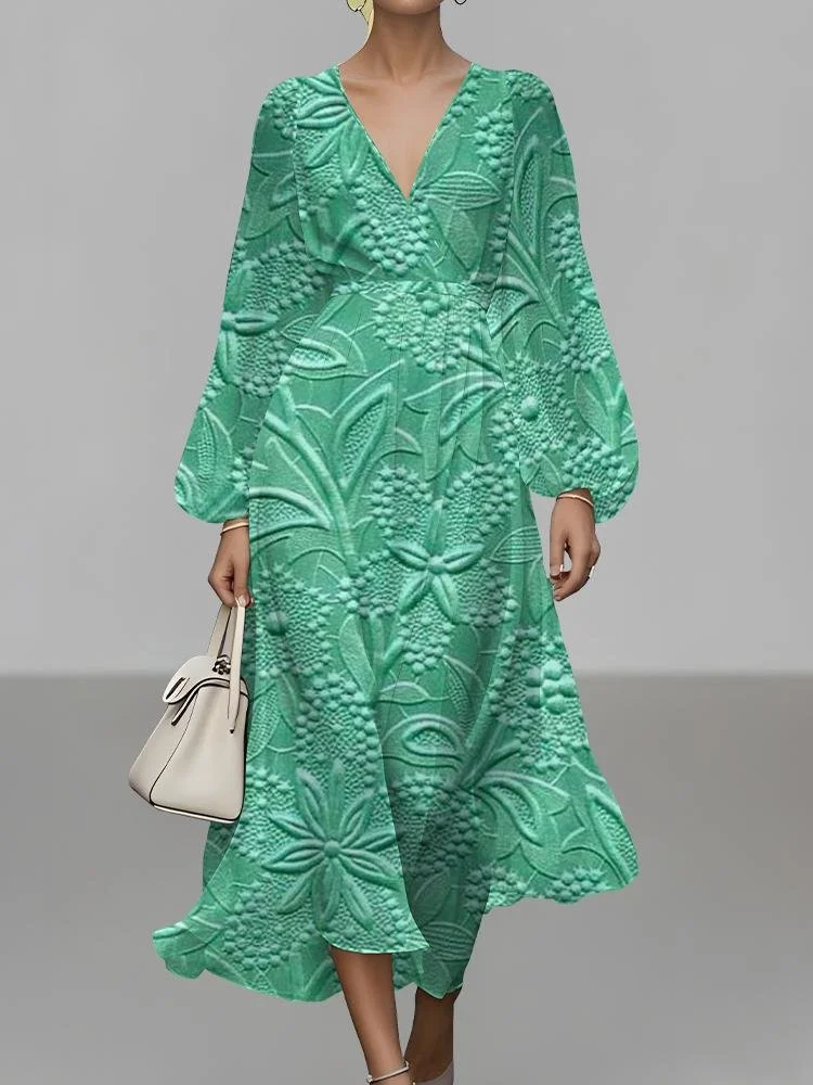 Women Floral Puff Sleeve Spring/Fall Dress V Neck Long Sleeve A-Line Dress