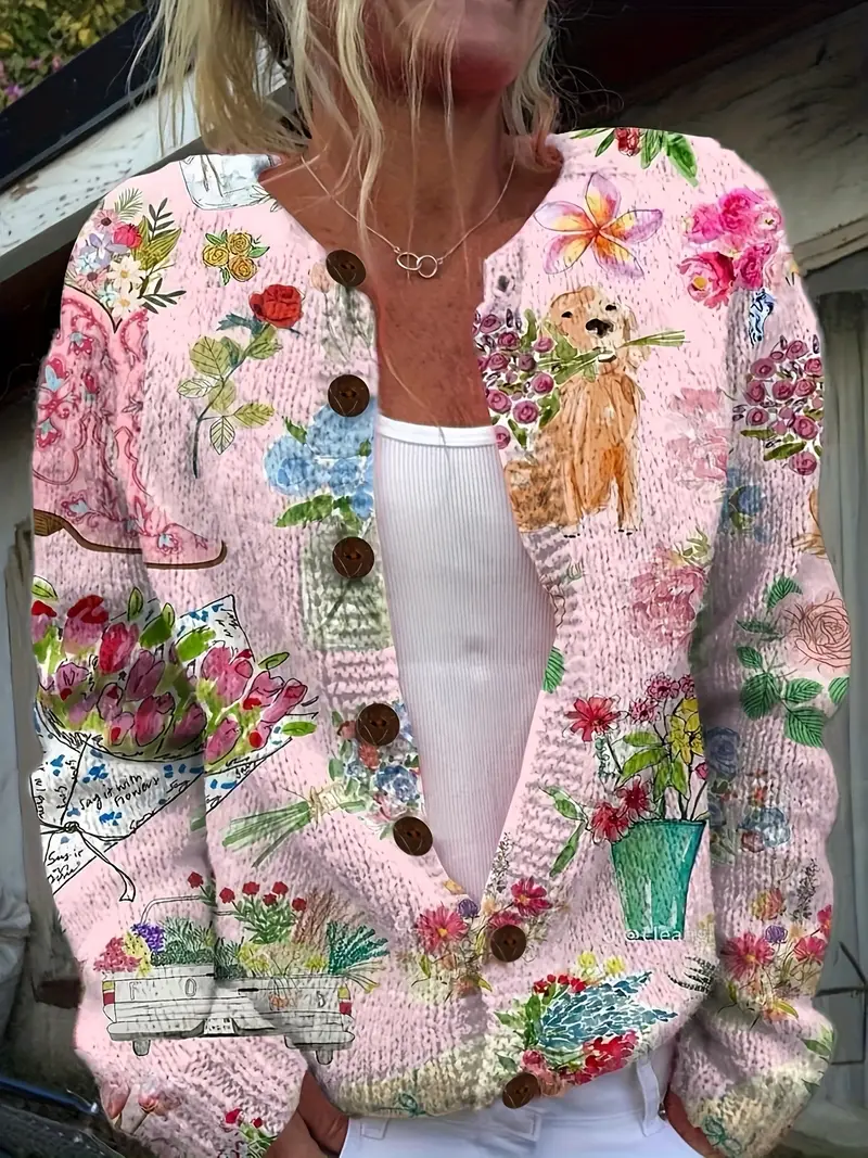 Women 3D Floral Print Long Sleeve Comfy Vintage Cardigan