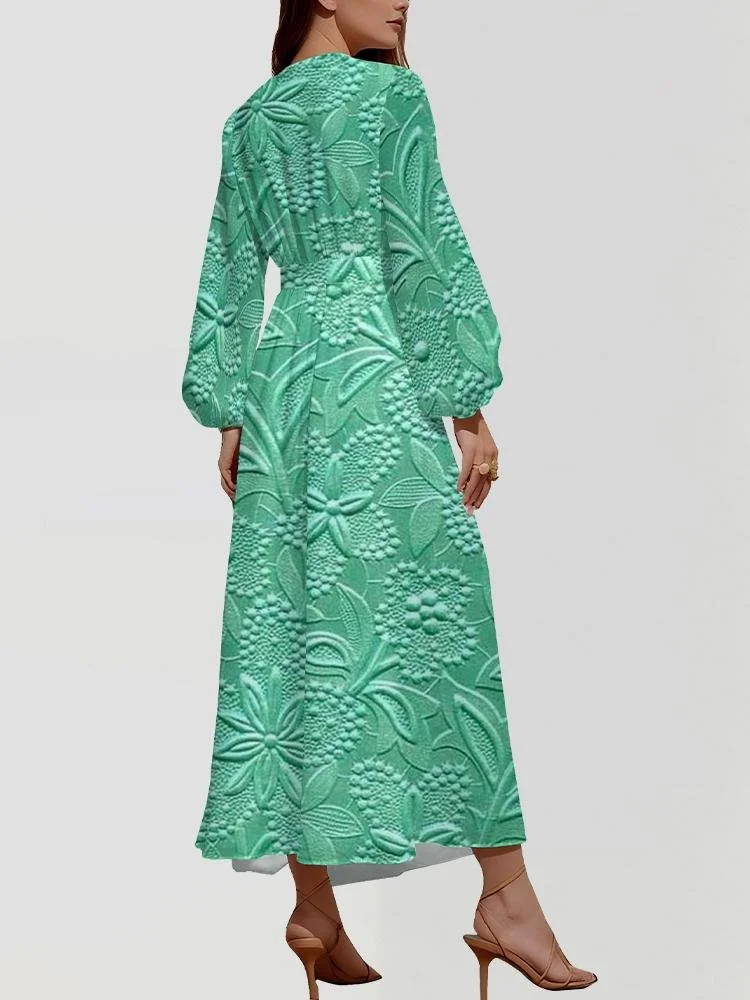 Women Floral Puff Sleeve Spring/Fall Dress V Neck Long Sleeve A-Line Dress